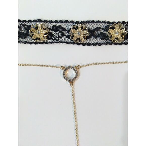 Mia Collection Black Lace & Gold Floral Choker + Diamond Studded Circle Necklace - Picture 5 of 11